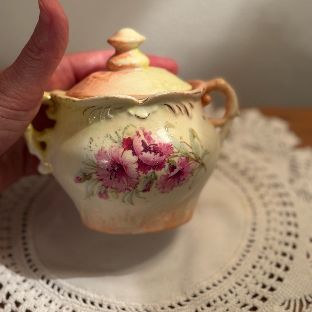 Vintage Austria Floral Hand Painted Porcelain Sugar Bowl with Lid